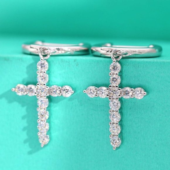 Jewelry - Certified 2mm Moissanite Diamond Cross Huggie Hoop Earrings NEW